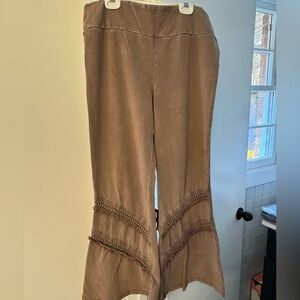 Brown Stretchy Flare Pants with Crochet Detail